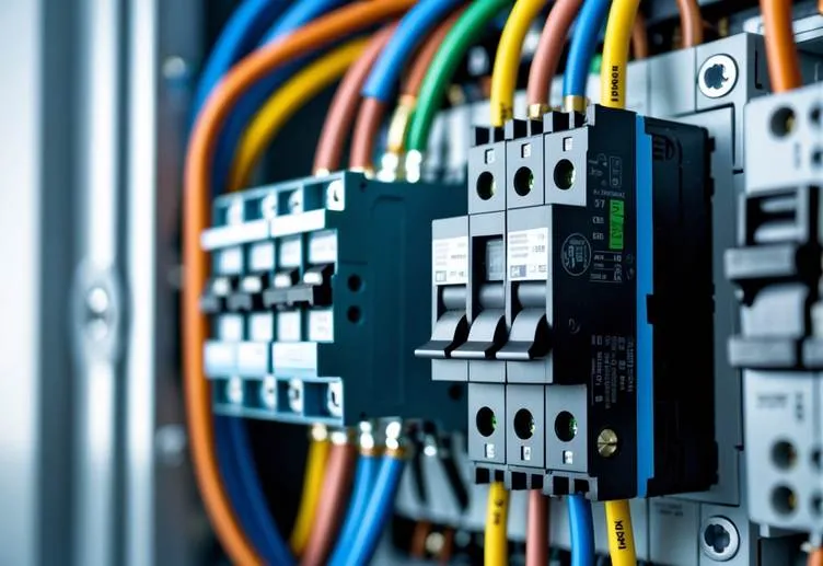Close-up view of a miniature circuit breaker installed in an electrical panel with connected wires.